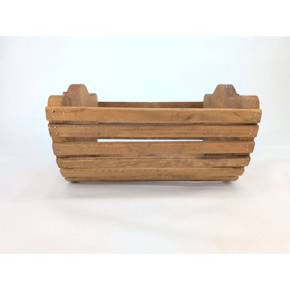 Vintage Wooden Slat Basket Brown Handcrafted Bow Detail